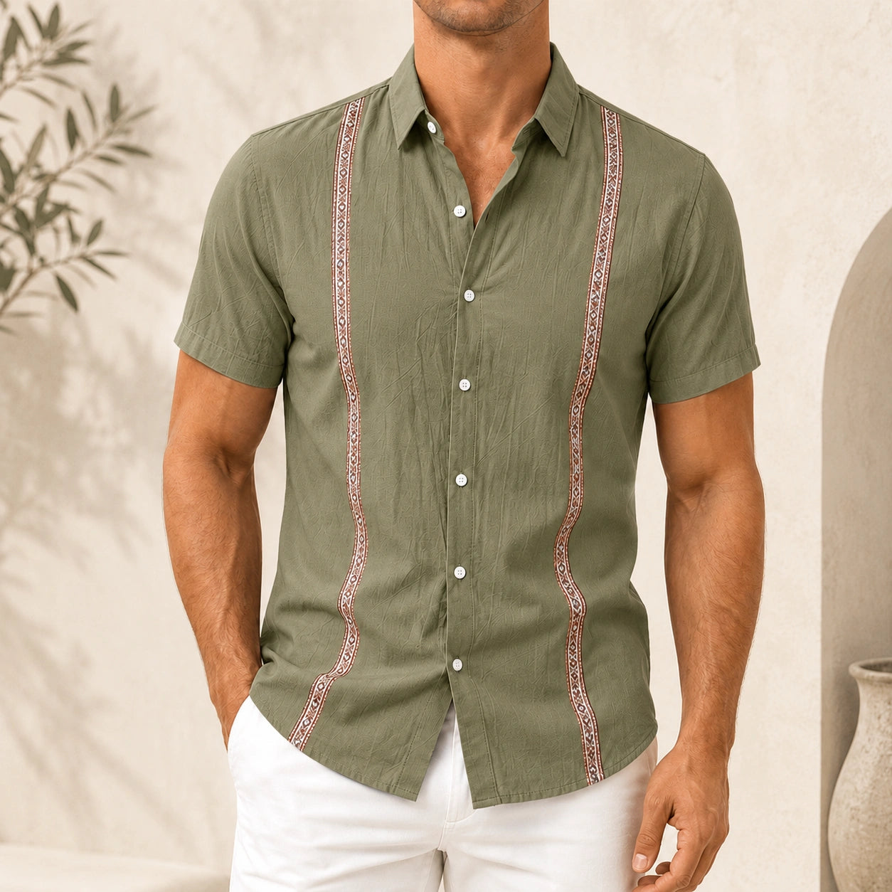 Mivanity Men's Casual Linen Bohemian Ribbon Short-Sleeve Shirts