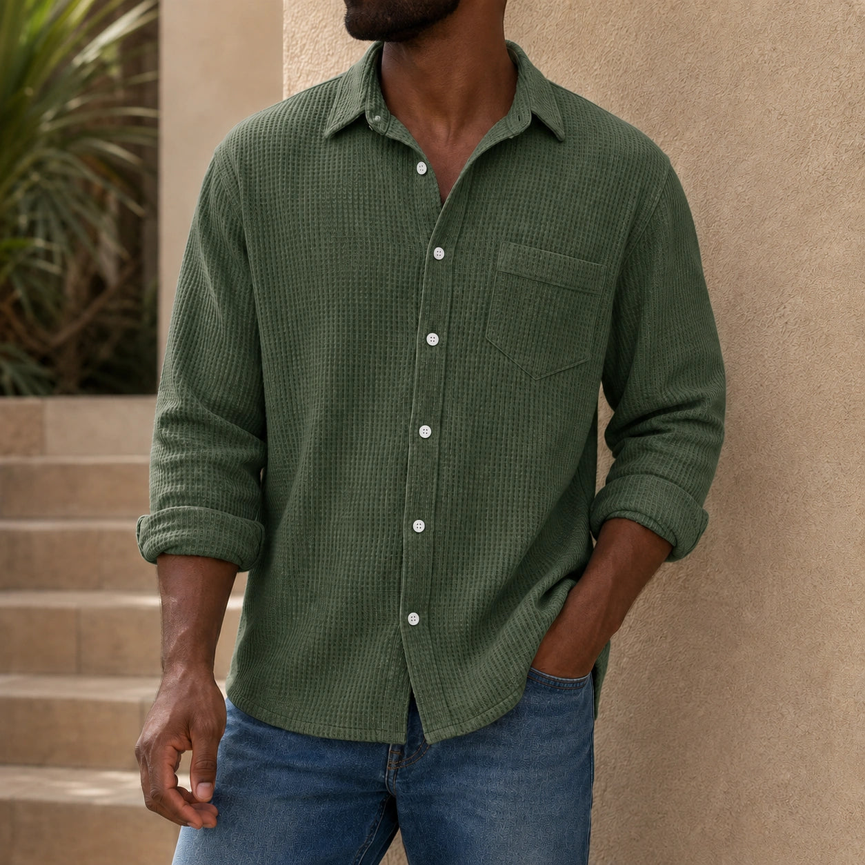 Mivanity Men's Casual Solid Color Waffle Long Sleeve Shirt With Shirts