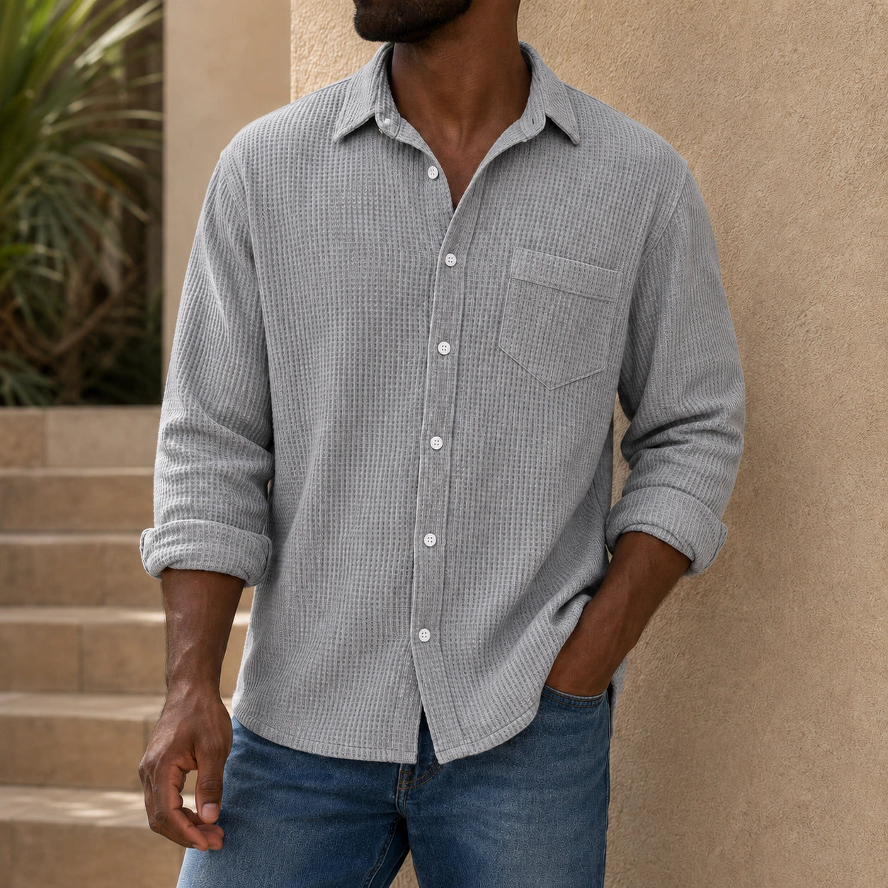 Mivanity Men's Casual Solid Color Waffle Long Sleeve Shirt With Shirts