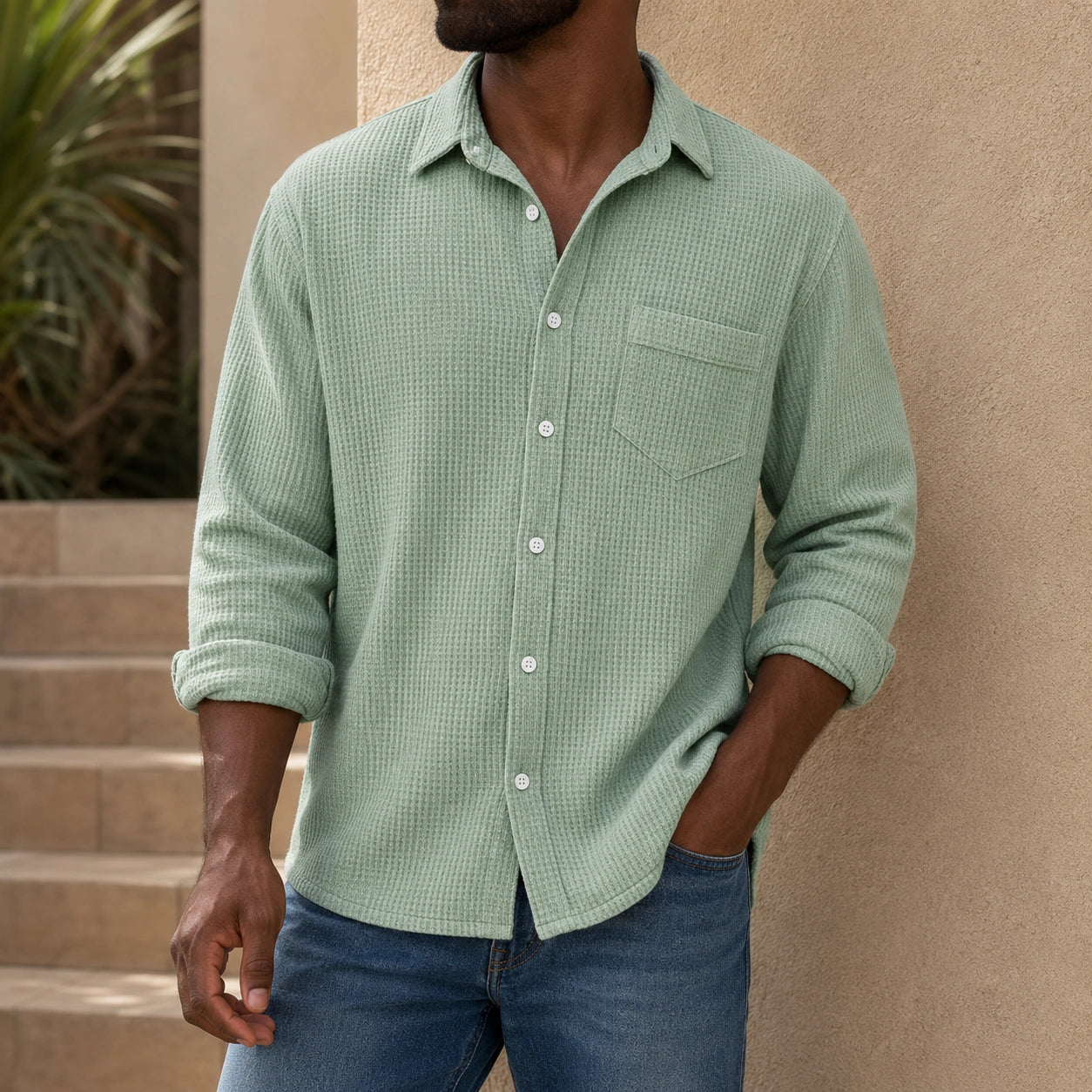Mivanity Men's Casual Solid Color Waffle Long Sleeve Shirt With Shirts