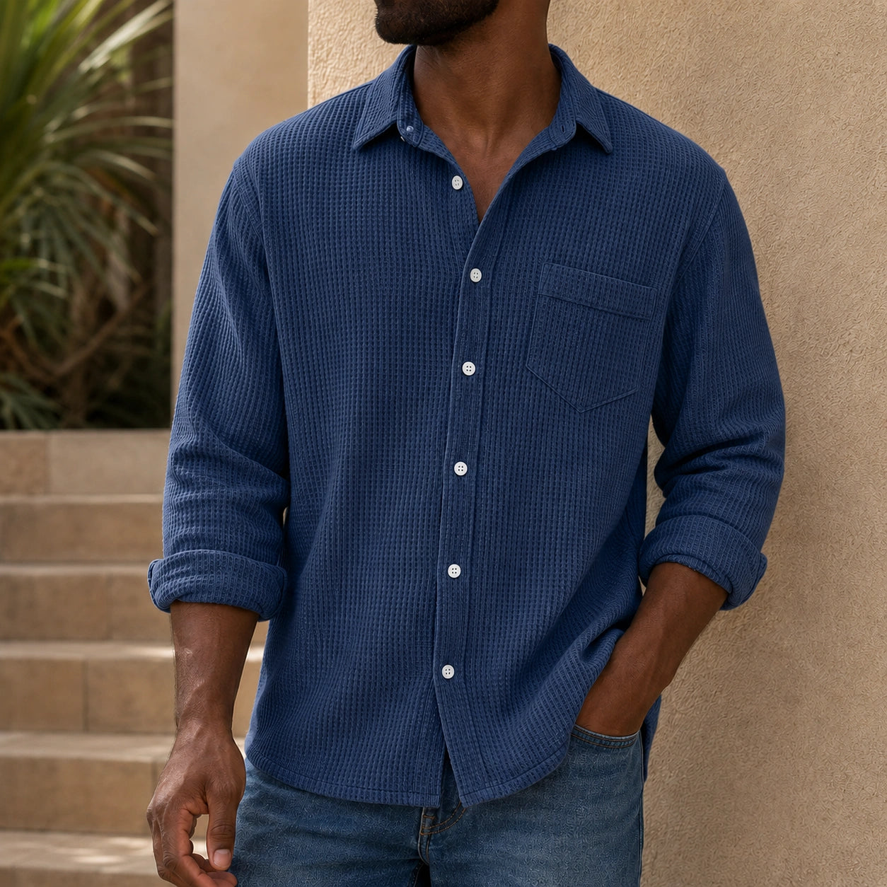 Mivanity Men's Casual Solid Color Waffle Long Sleeve Shirt With Shirts