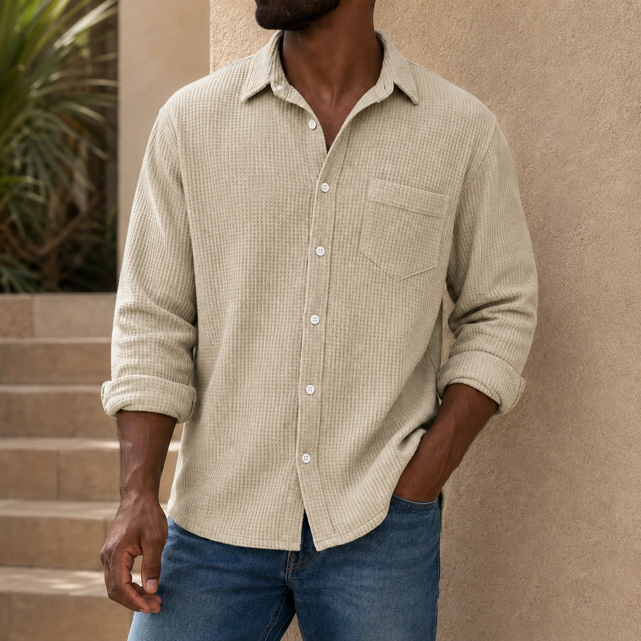 Mivanity Men's Casual Solid Color Waffle Long Sleeve Shirt With Shirts