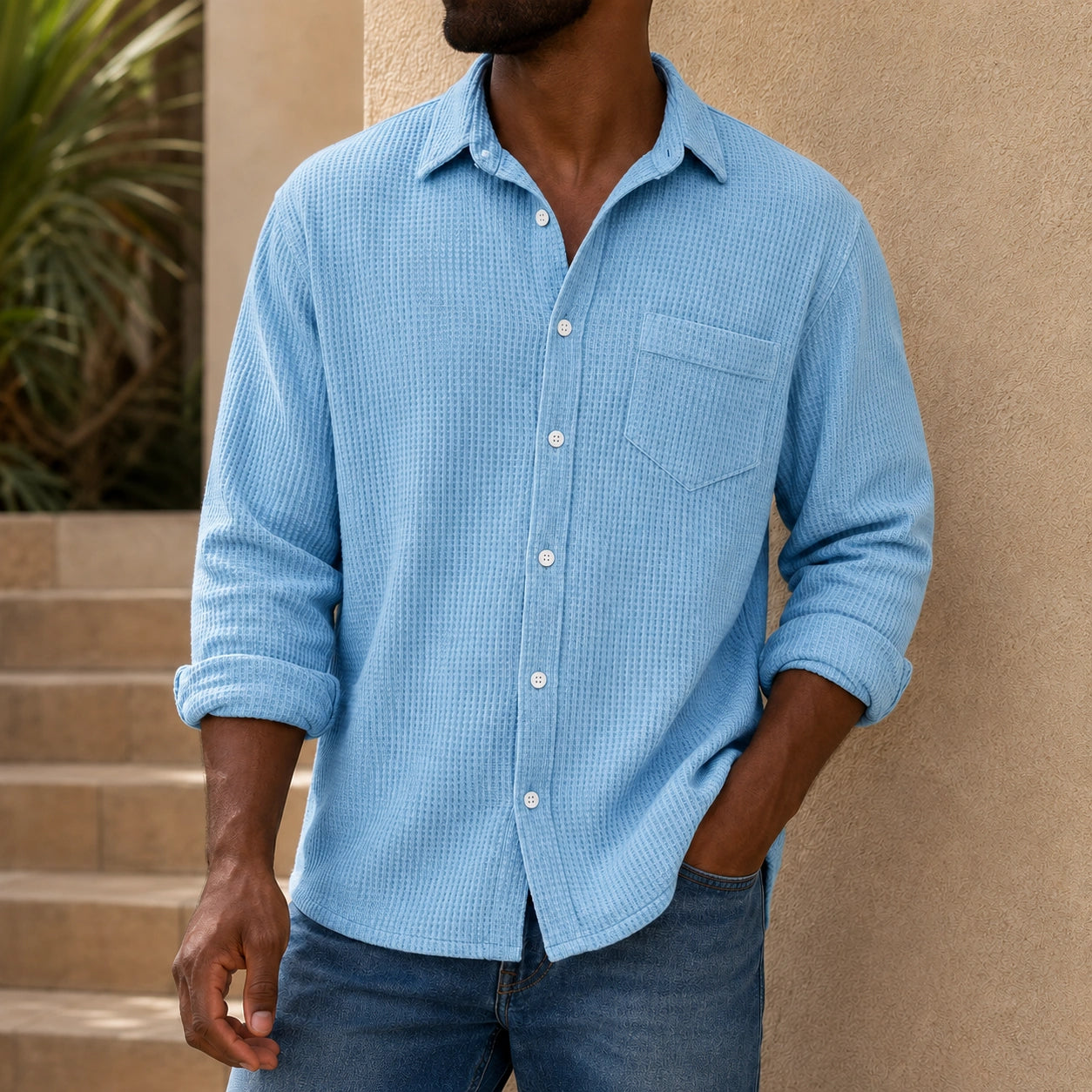 Mivanity Men's Casual Solid Color Waffle Long Sleeve Shirt With Shirts
