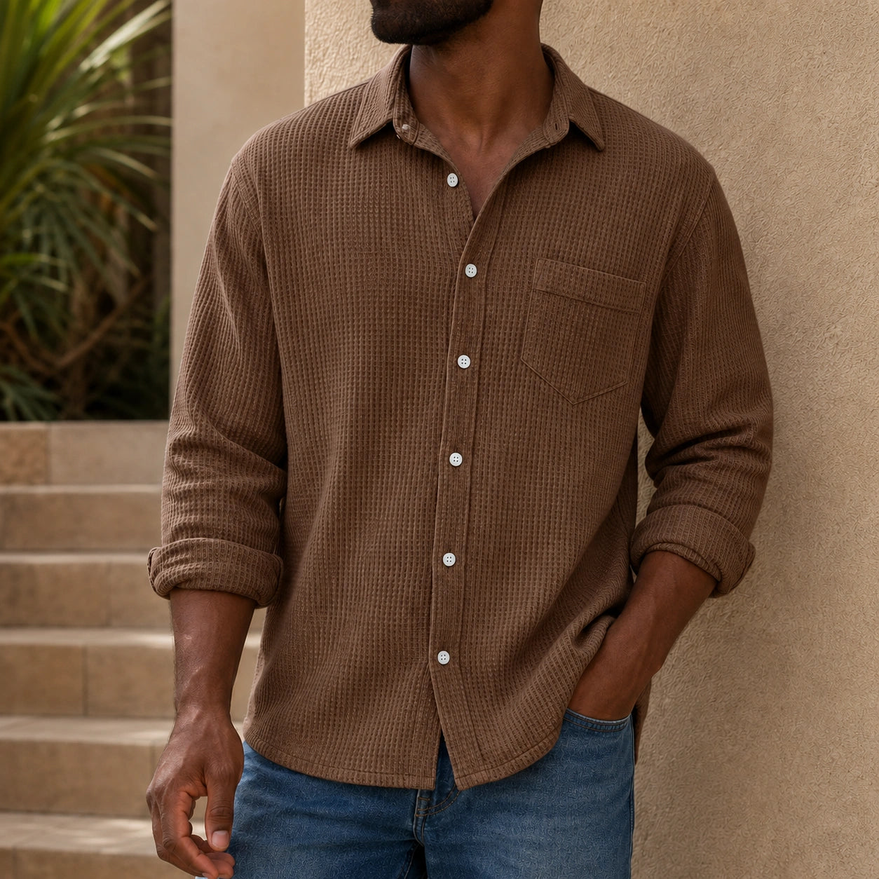 Mivanity Men's Casual Solid Color Waffle Long Sleeve Shirt With Shirts