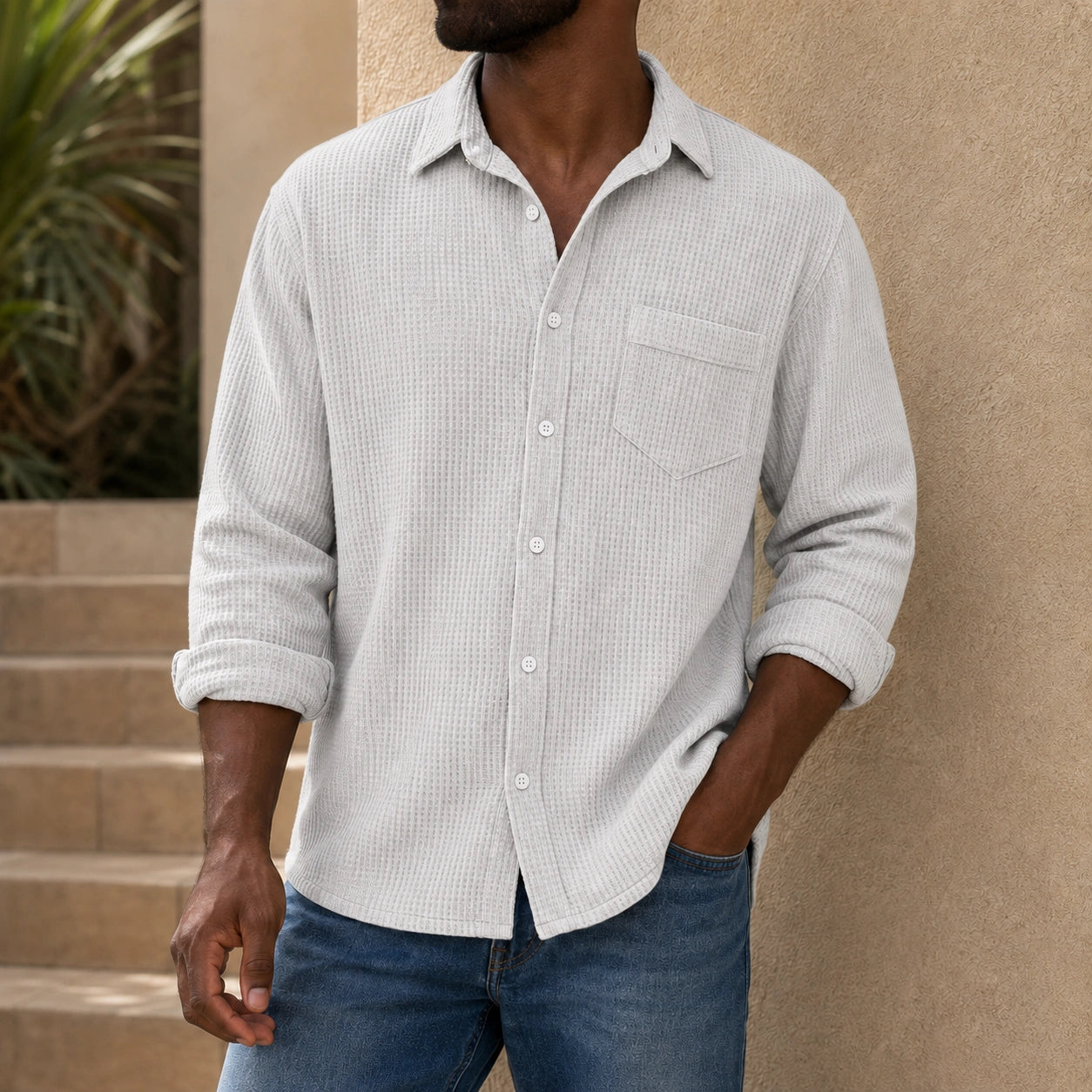 Mivanity Men's Casual Solid Color Waffle Long Sleeve Shirt With Shirts