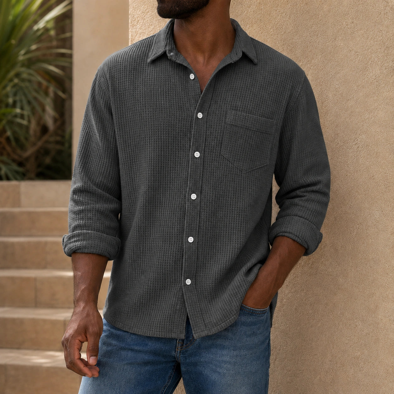 Mivanity Men's Casual Solid Color Waffle Long Sleeve Shirt With Shirts