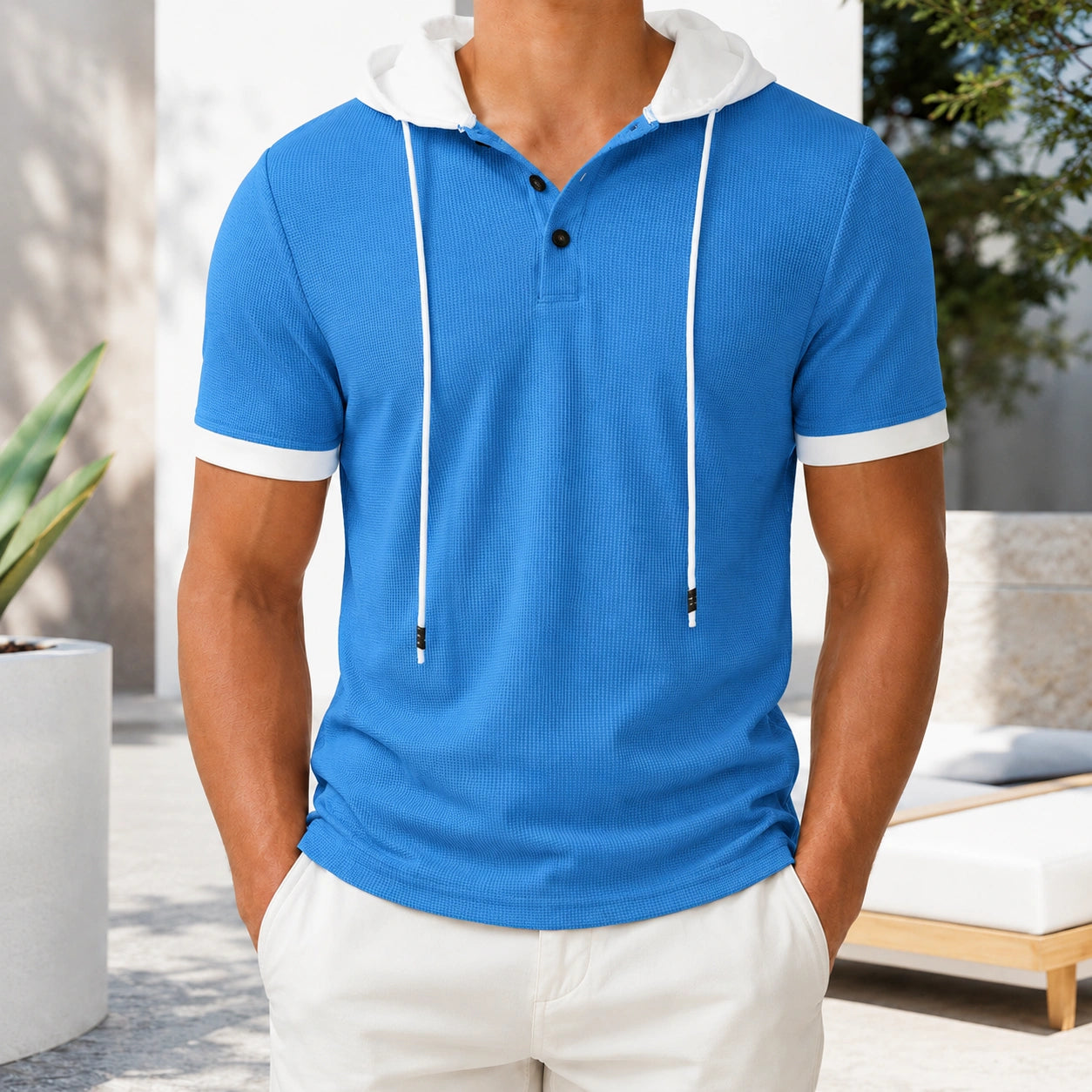 Mivanity Men's Casual Waffle Knit Color-Block Hooded T-Shirts