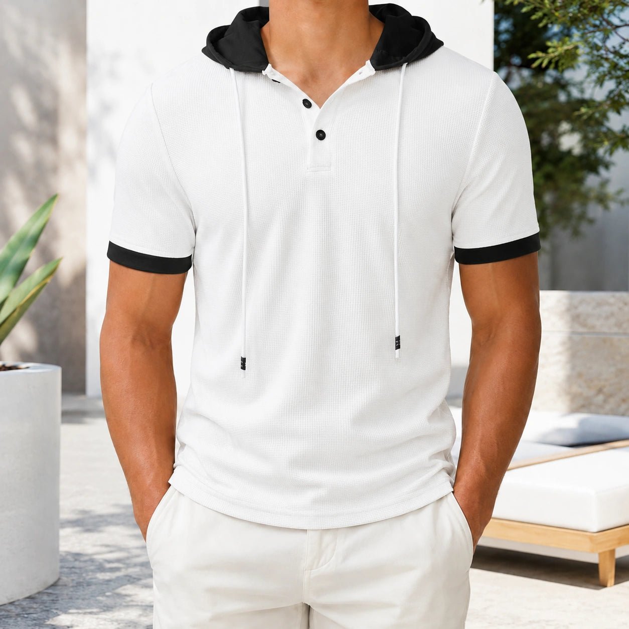 Mivanity Men's Casual Waffle Knit Color-Block Hooded T-Shirts