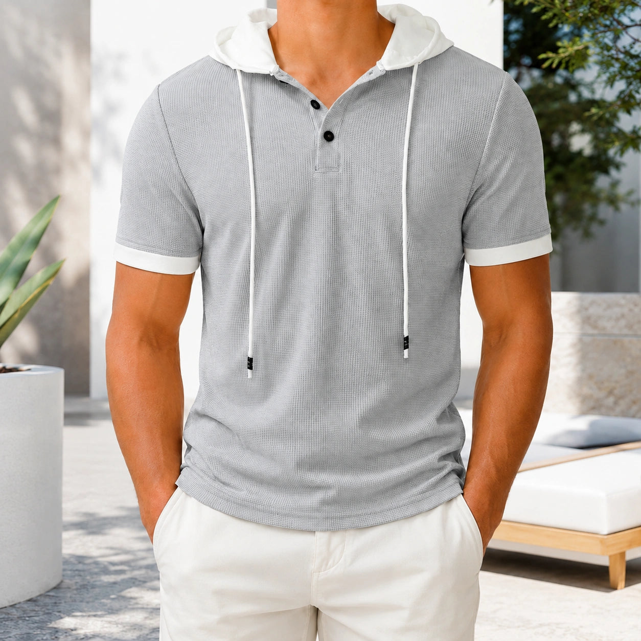 Mivanity Men's Casual Waffle Knit Color-Block Hooded T-Shirts