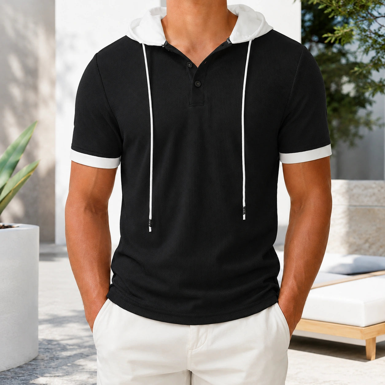Mivanity Men's Casual Waffle Knit Color-Block Hooded T-Shirts