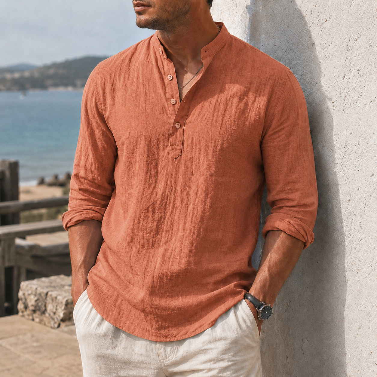 Mivanity Men's Coastal Textured Cotton-Linen Henley Shirt
