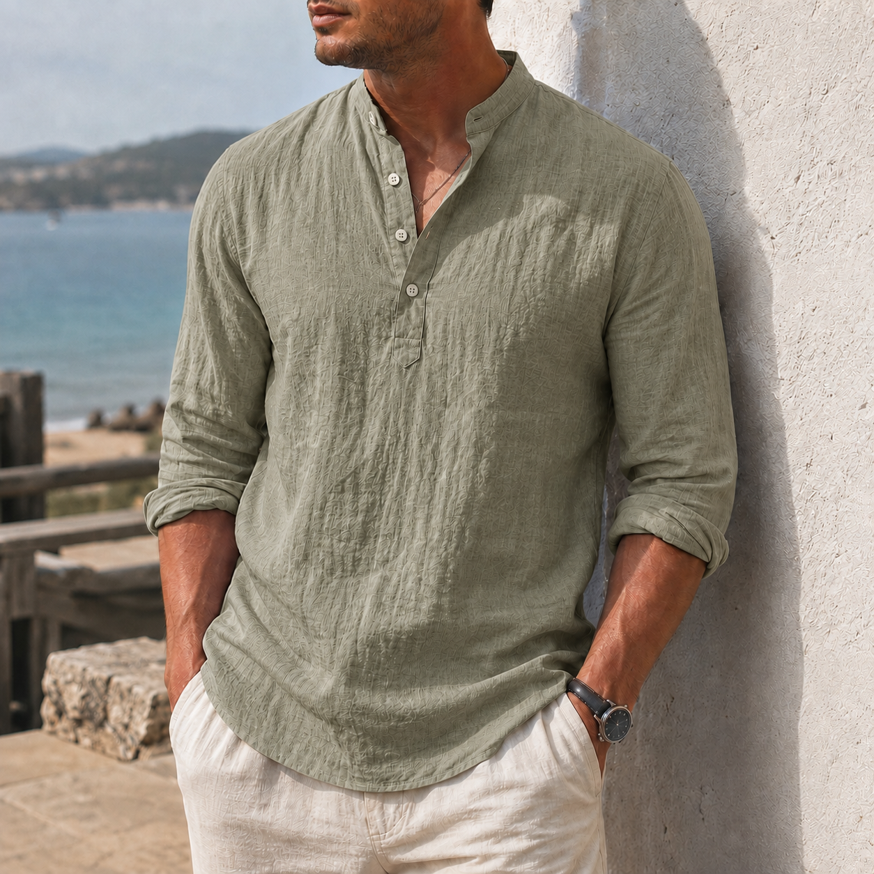 Mivanity Men's Coastal Textured Cotton-Linen Henley Shirt