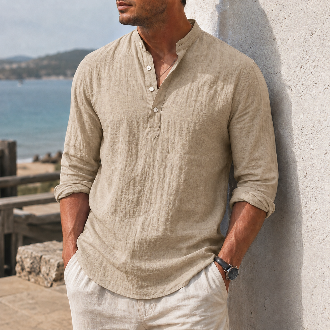 Mivanity Men's Coastal Textured Cotton-Linen Henley Shirt