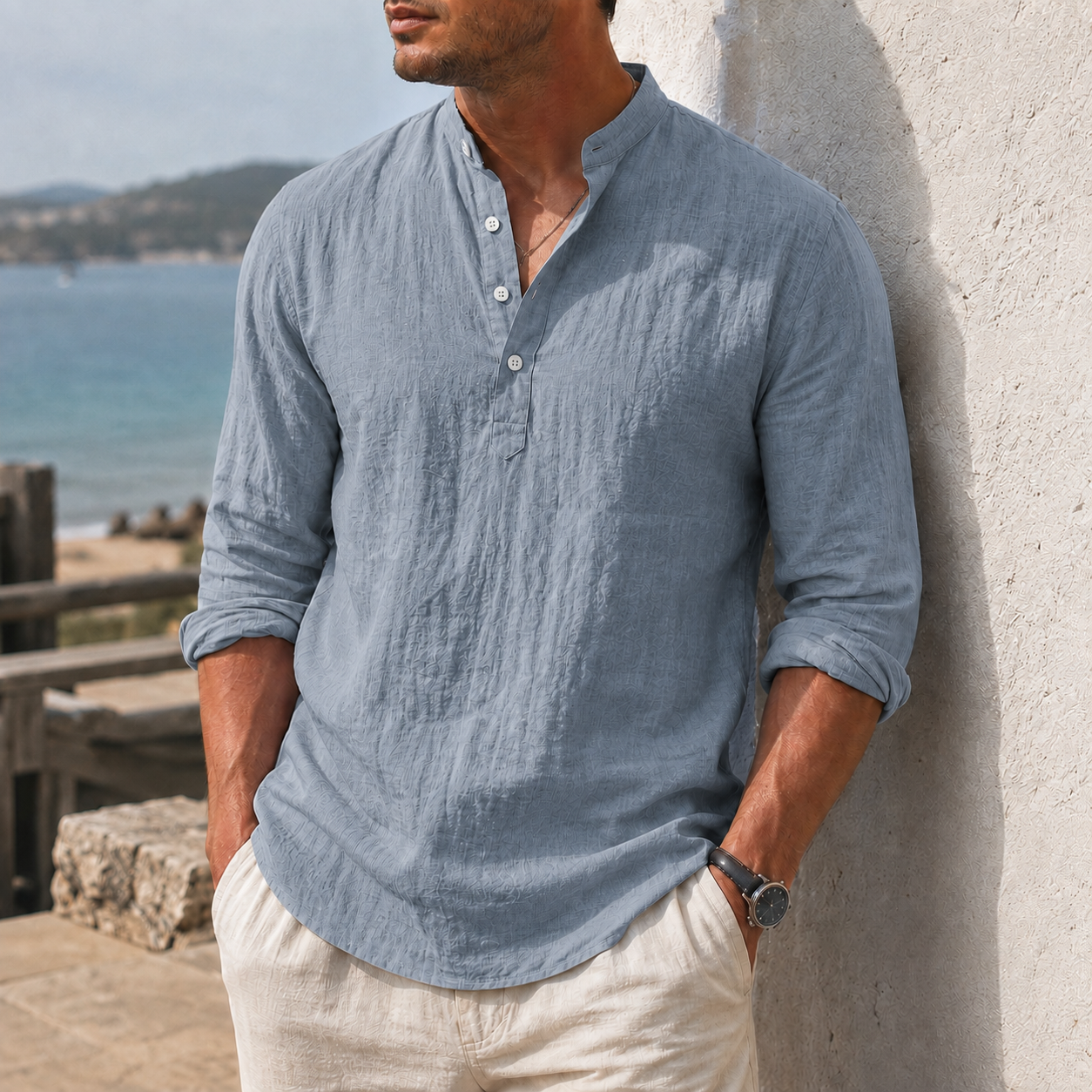 Mivanity Men's Coastal Textured Cotton-Linen Henley Shirt