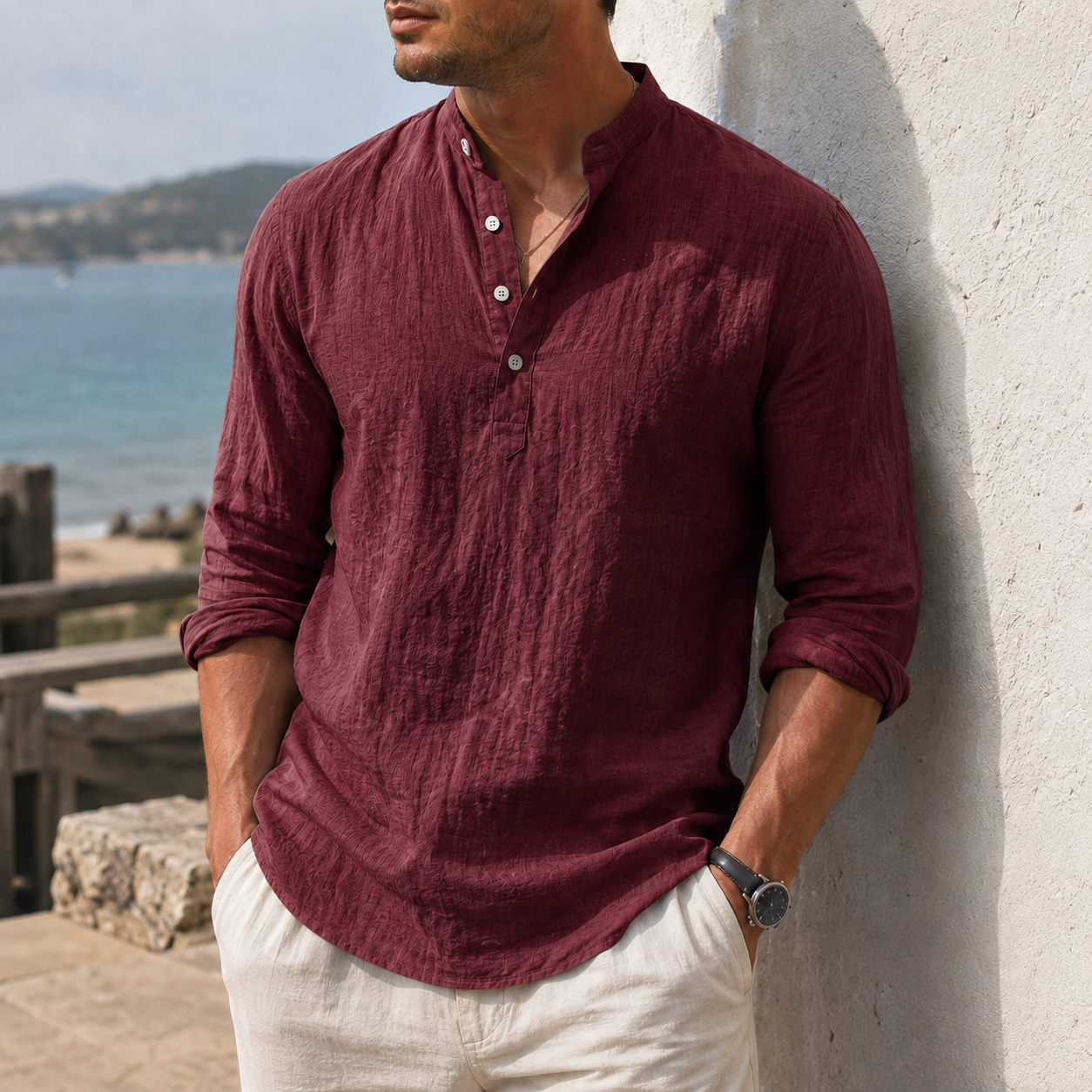 Mivanity Men's Coastal Textured Cotton-Linen Henley Shirt