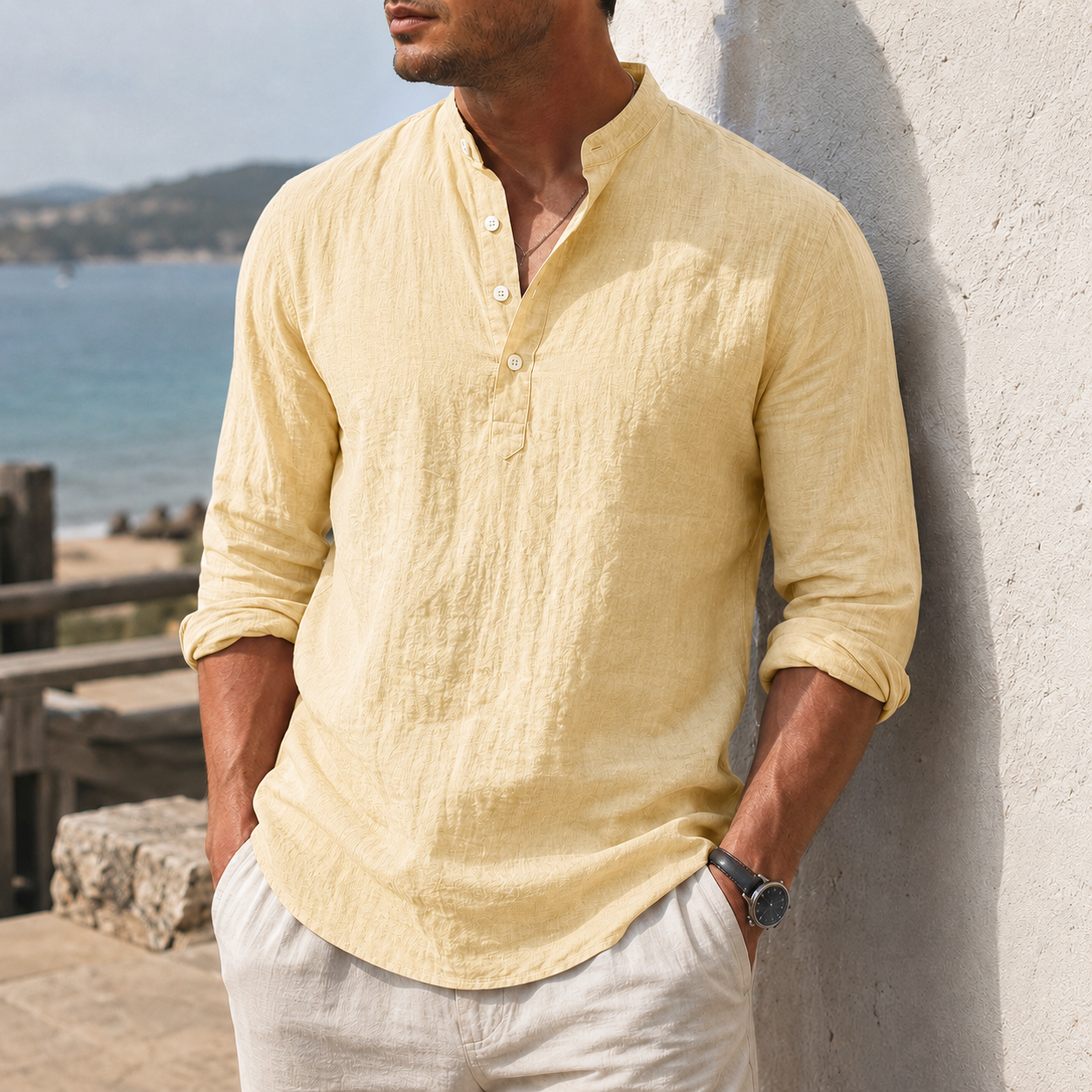 Mivanity Men's Coastal Textured Cotton-Linen Henley Shirt