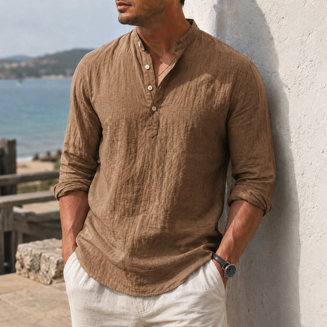 Mivanity Men's Coastal Textured Cotton-Linen Henley Shirt