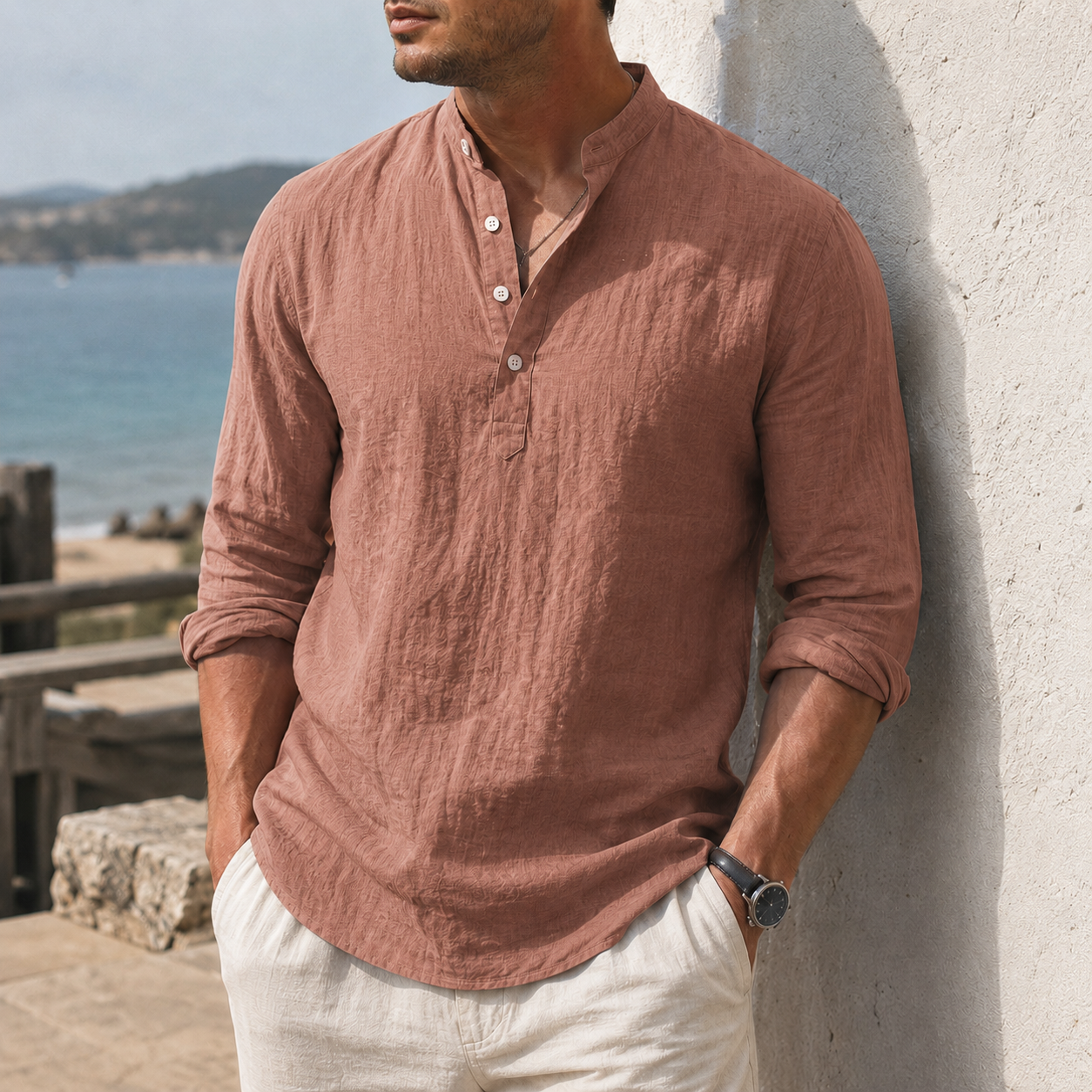 Mivanity Men's Coastal Textured Cotton-Linen Henley Shirt