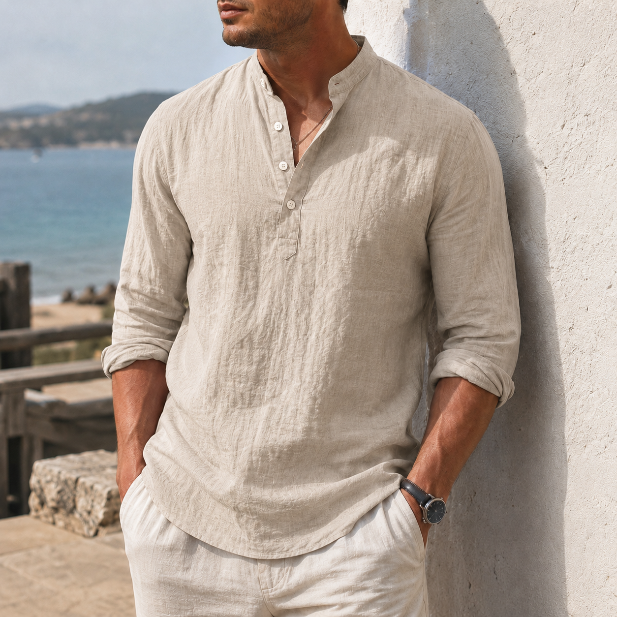 Mivanity Men's Coastal Textured Cotton-Linen Henley Shirt