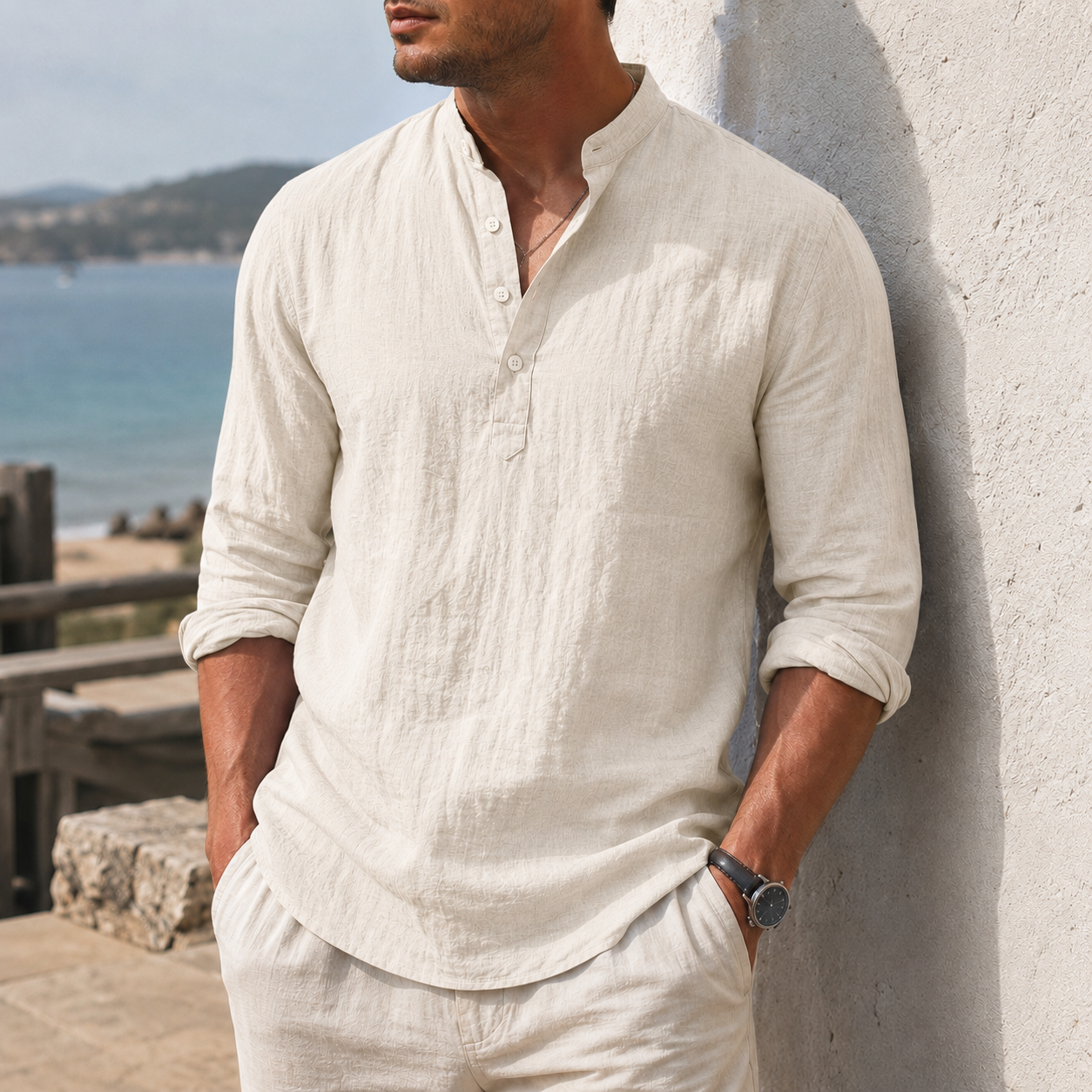 Mivanity Men's Coastal Textured Cotton-Linen Henley Shirt