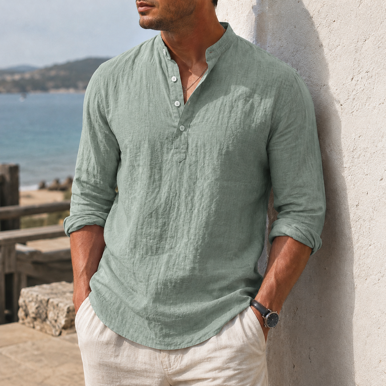 Mivanity Men's Coastal Textured Cotton-Linen Henley Shirt