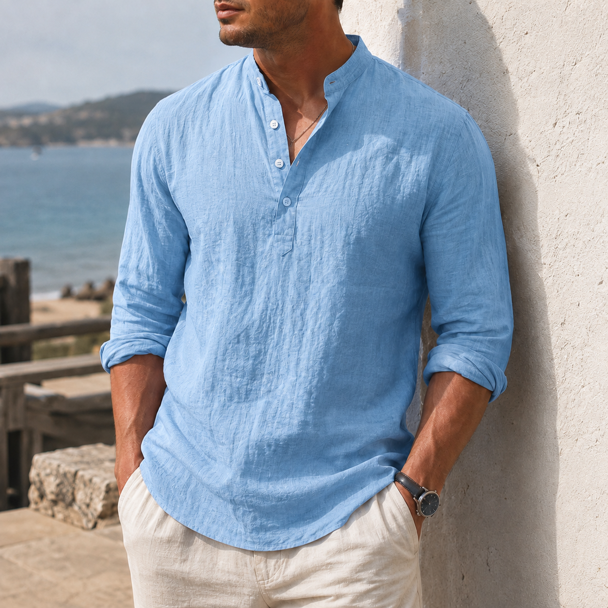 Mivanity Men's Coastal Textured Cotton-Linen Henley Shirt