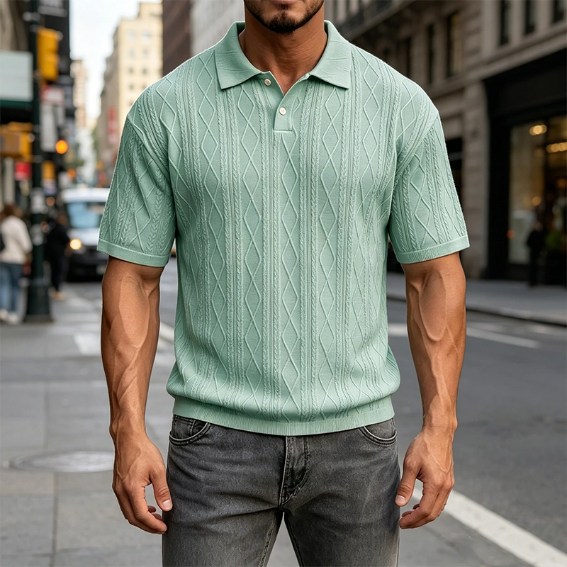 Mivanity Men's Comfortable Solid Color Textured Short-sleeved Lapel Polo Shirt