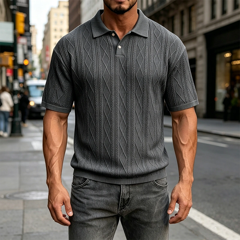 Mivanity Men's Comfortable Solid Color Textured Short-sleeved Lapel Polo Shirt