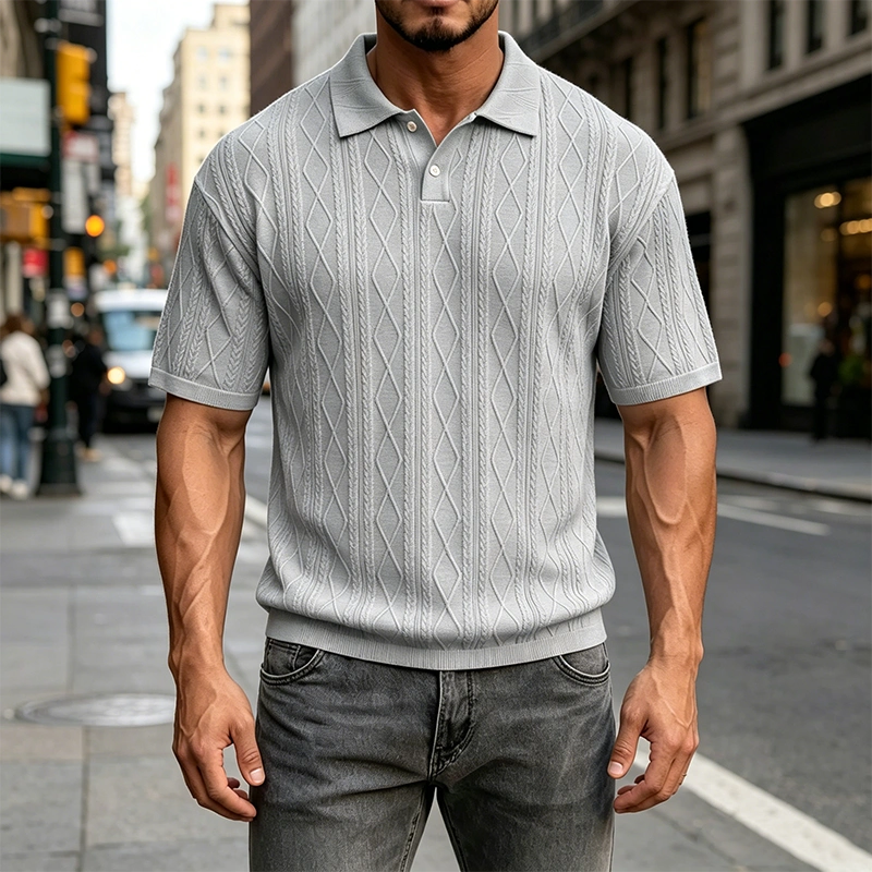 Mivanity Men's Comfortable Solid Color Textured Short-sleeved Lapel Polo Shirt