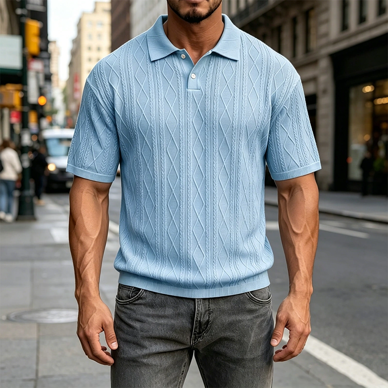 Mivanity Men's Comfortable Solid Color Textured Short-sleeved Lapel Polo Shirt