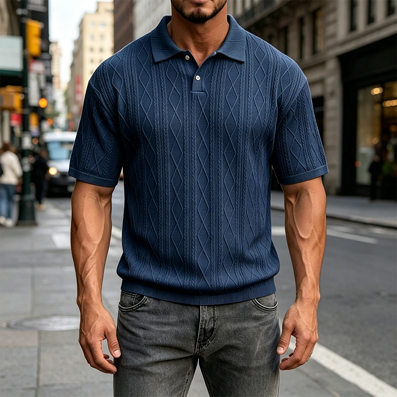 Mivanity Men's Comfortable Solid Color Textured Short-sleeved Lapel Polo Shirt