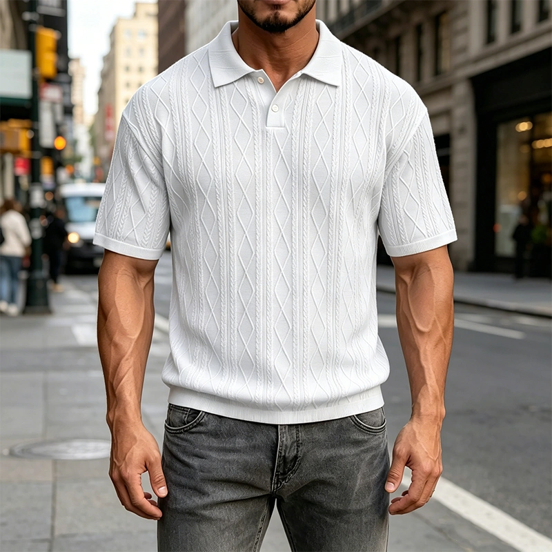 Mivanity Men's Comfortable Solid Color Textured Short-sleeved Lapel Polo Shirt