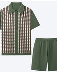 Mivanity Men's Contrast Stripe Jacquard Knit Cardigan Shorts Sets