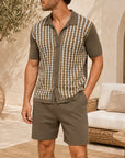Mivanity Men's Contrast Stripe Jacquard Knit Cardigan Shorts Sets