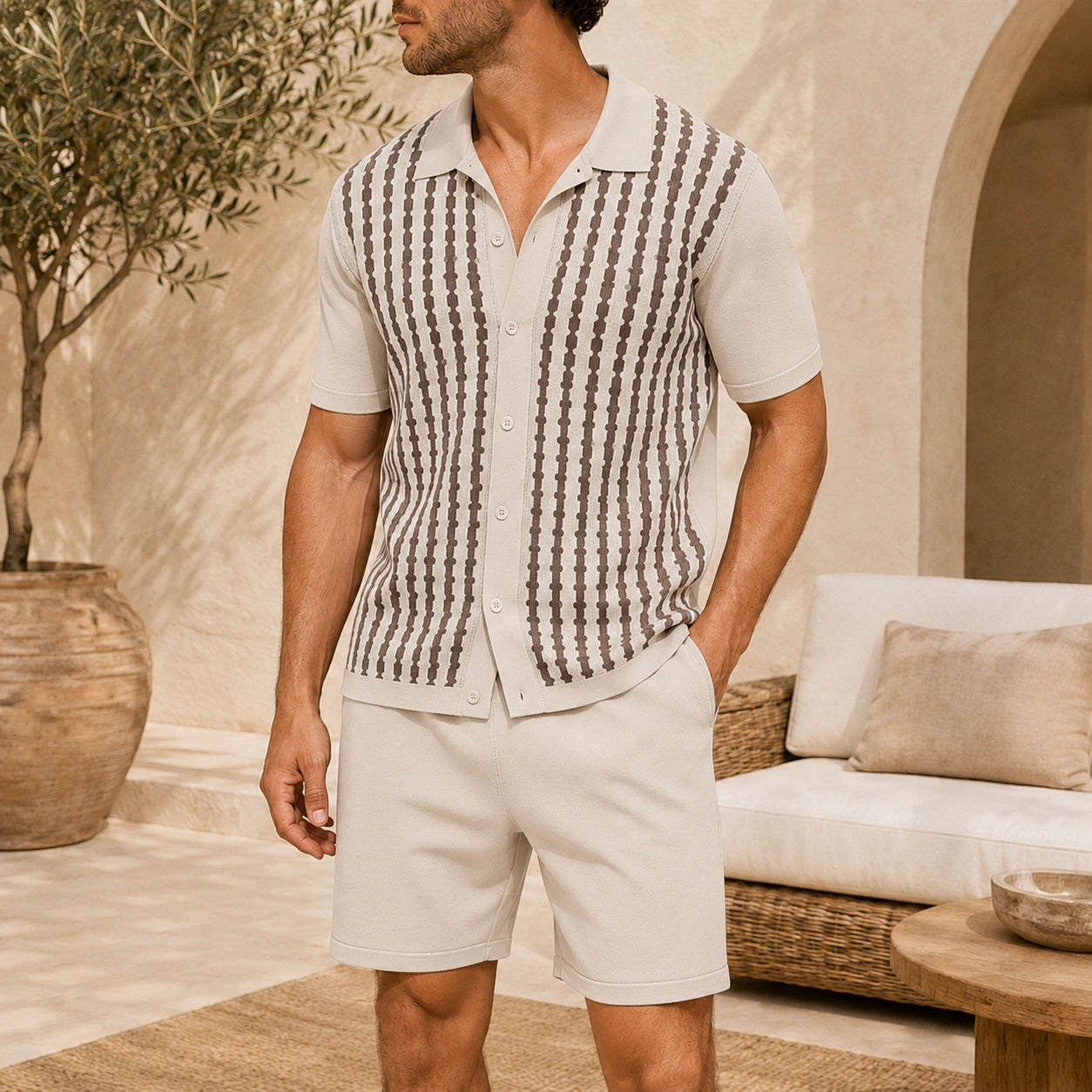 Mivanity Men's Contrast Stripe Jacquard Knit Cardigan Shorts Sets