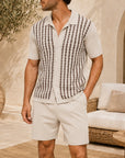 Mivanity Men's Contrast Stripe Jacquard Knit Cardigan Shorts Sets