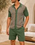 Mivanity Men's Contrast Stripe Jacquard Knit Cardigan Shorts Sets