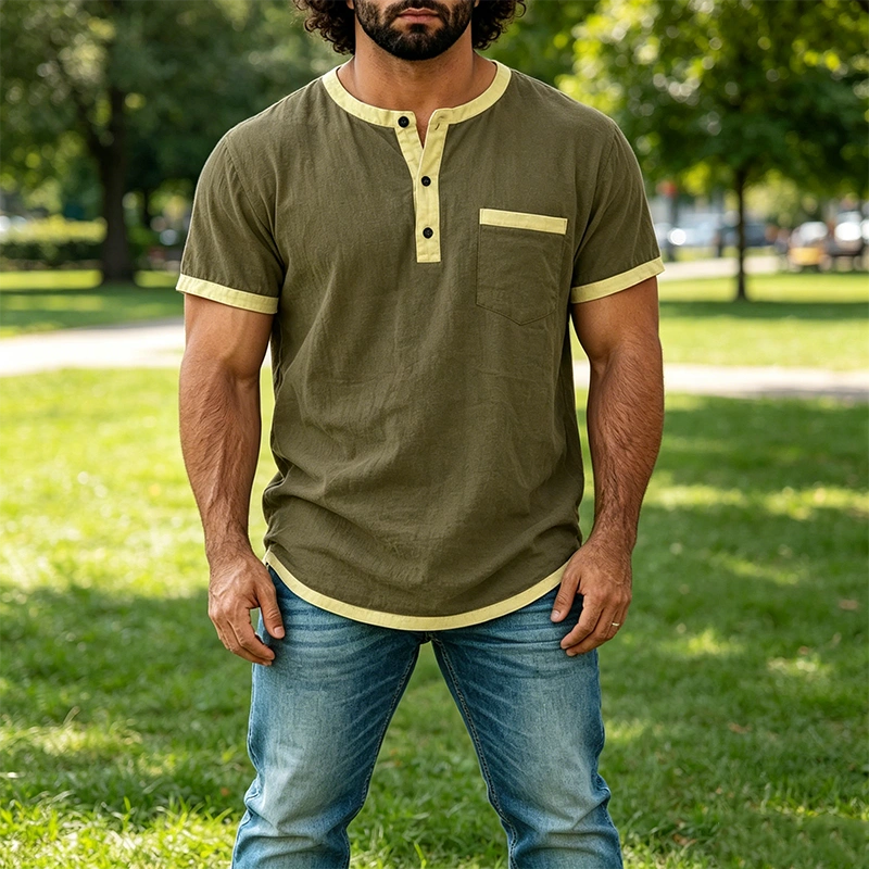 Mivanity Men's Contrast Trim Henley Short Sleeve Cotton Linen Shirt
