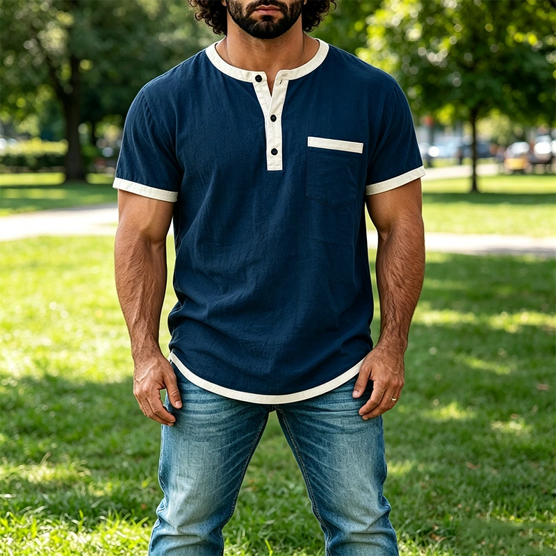 Mivanity Men's Contrast Trim Henley Short Sleeve Cotton Linen Shirt