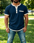 Mivanity Men's Contrast Trim Henley Short Sleeve Cotton Linen Shirt