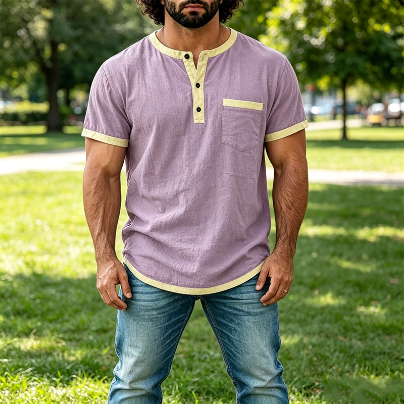 Mivanity Men's Contrast Trim Henley Short Sleeve Cotton Linen Shirt