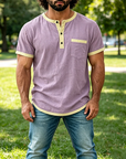 Mivanity Men's Contrast Trim Henley Short Sleeve Cotton Linen Shirt