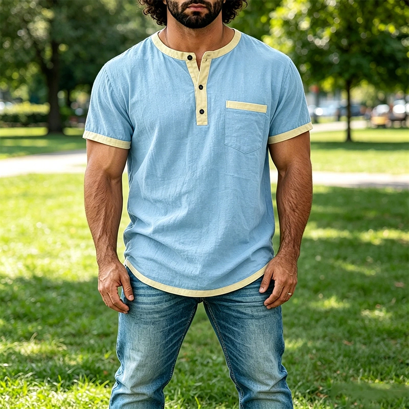 Mivanity Men's Contrast Trim Henley Short Sleeve Cotton Linen Shirt