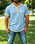 Mivanity Men's Contrast Trim Henley Short Sleeve Cotton Linen Shirt