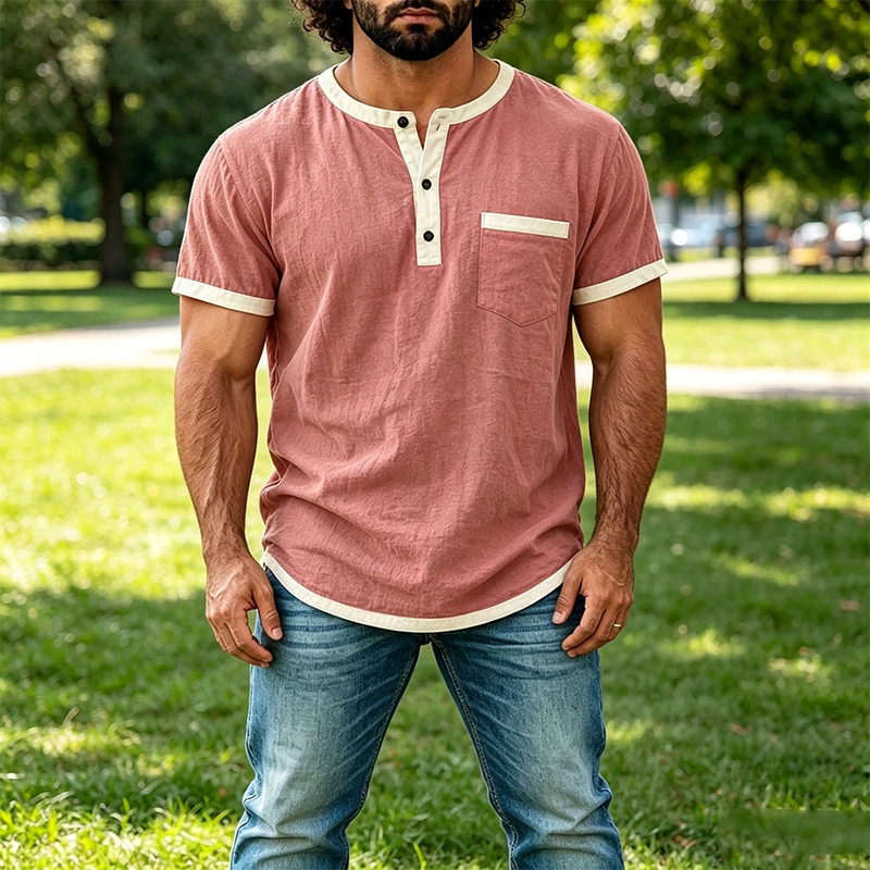 Mivanity Men's Contrast Trim Henley Short Sleeve Cotton Linen Shirt