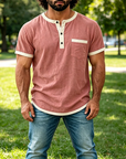 Mivanity Men's Contrast Trim Henley Short Sleeve Cotton Linen Shirt