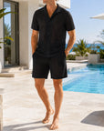 Mivanity Men's Cool-Touch Lapel Collar T-Shirt & Shorts 2-Piece Sets