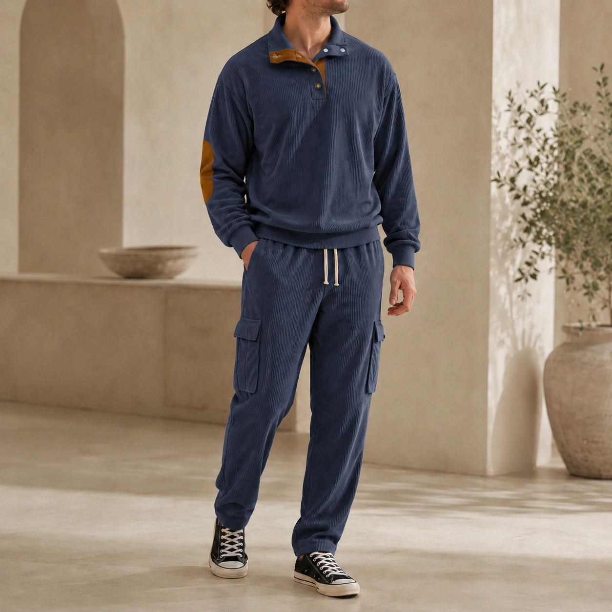 Mivanity Men's Corduroy Stand Collar 2-Piece Sets