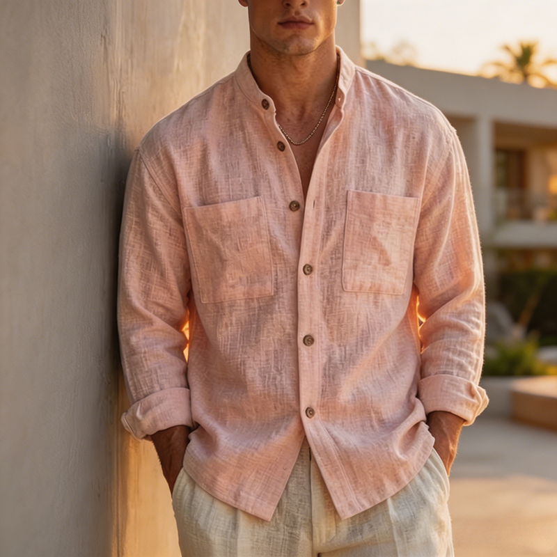 Mivanity Men's Cotton-linen Casual Long-sleeve Stand-collar Shirt