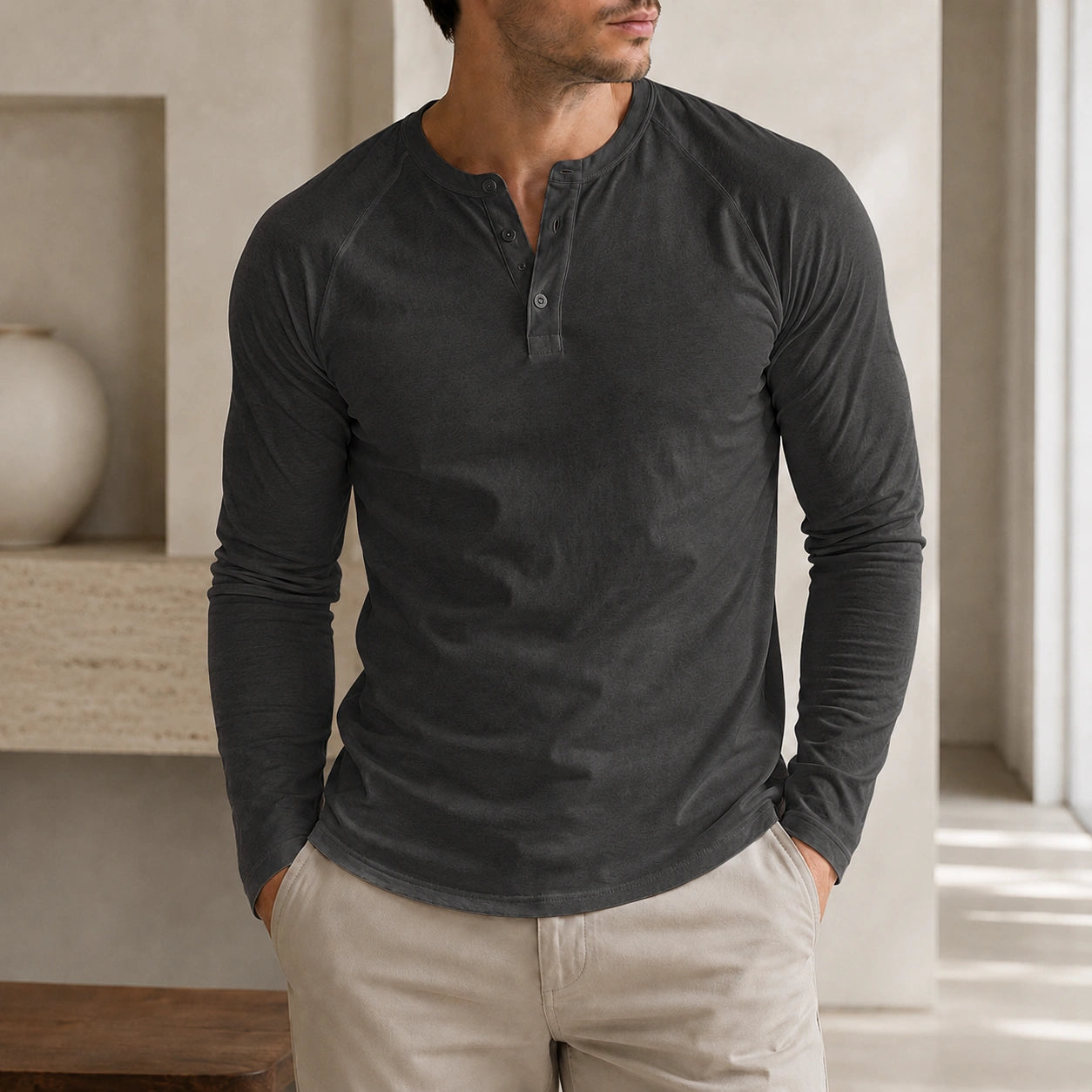 Mivanity Men's Crew Neck Button-Front Long-Sleeve T-Shirts